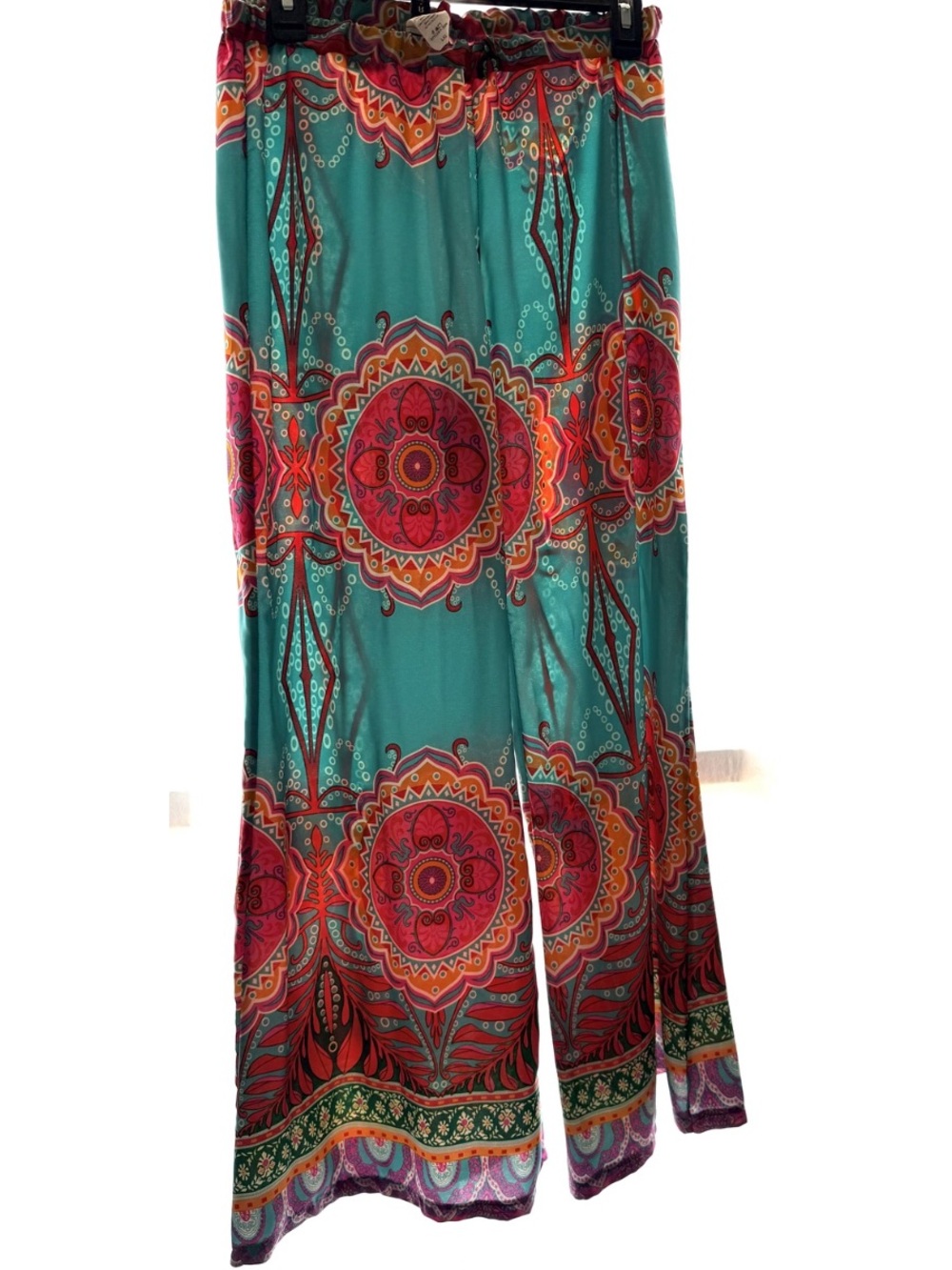 R.Rouge Pink, Orange, Teal Wide Leg Pants with Pink and Orange Medallion Print